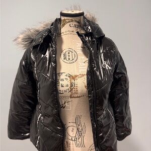 Calvin Klein Shiny Black Jacket with Fur Trim